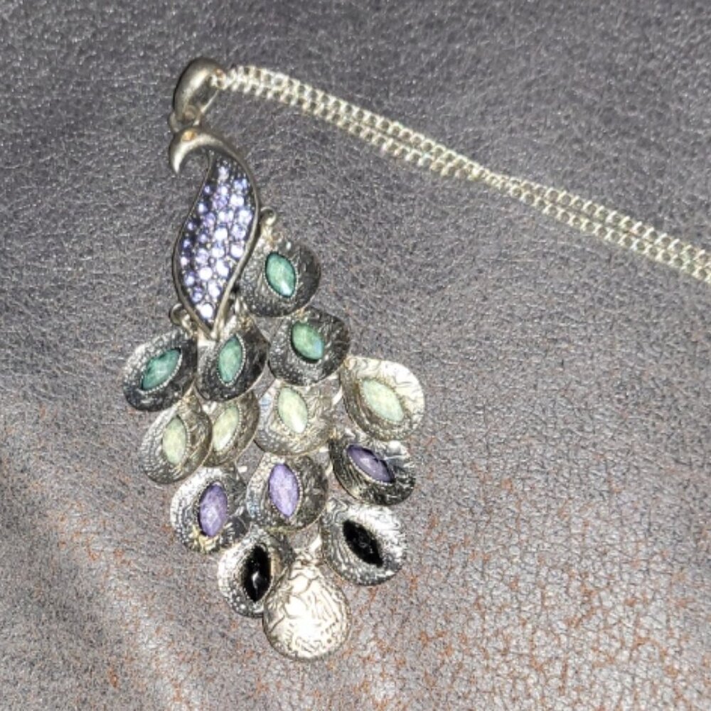 Vintage Peacock Rhinestone Teardrop Charm Statement Necklace Purple Green Boho